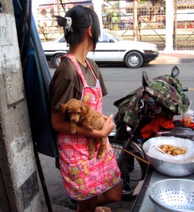 Woman with her dog: Thai street food booth